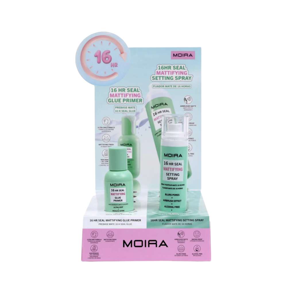 Display Primer y Spray Fijador 16HR Matificante Con Probadores – Moira