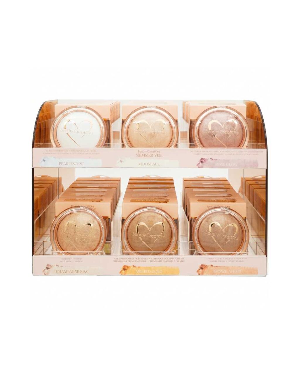 Display / Exhibidor Con 36 piezas + 6 Probadores Iluminador Crema - Polvo Flawless Stay Shimmer Veil - Beauty Creations