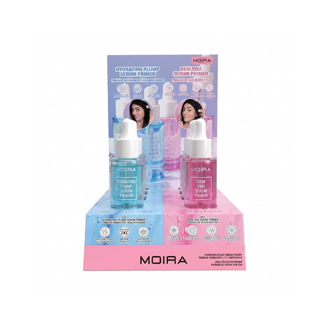 Display / Exhibidor Con 8 pzs De Sueros Primer Para Preparación de Piel Con Probadores – Moira