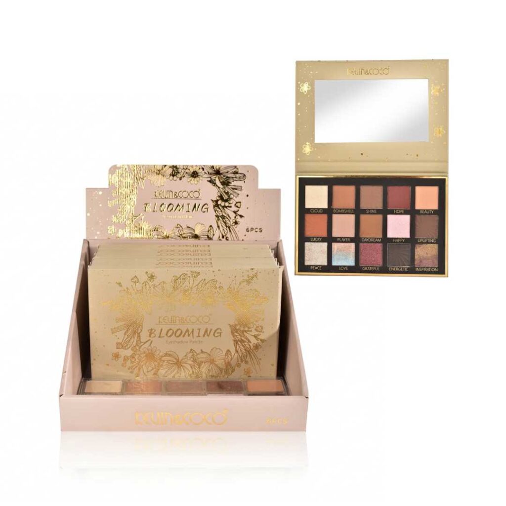 Display / Exhibidor Con 6 pzas + Probador Paleta de Sombras Con 15 Tonos Blooming - Kevin & Coco