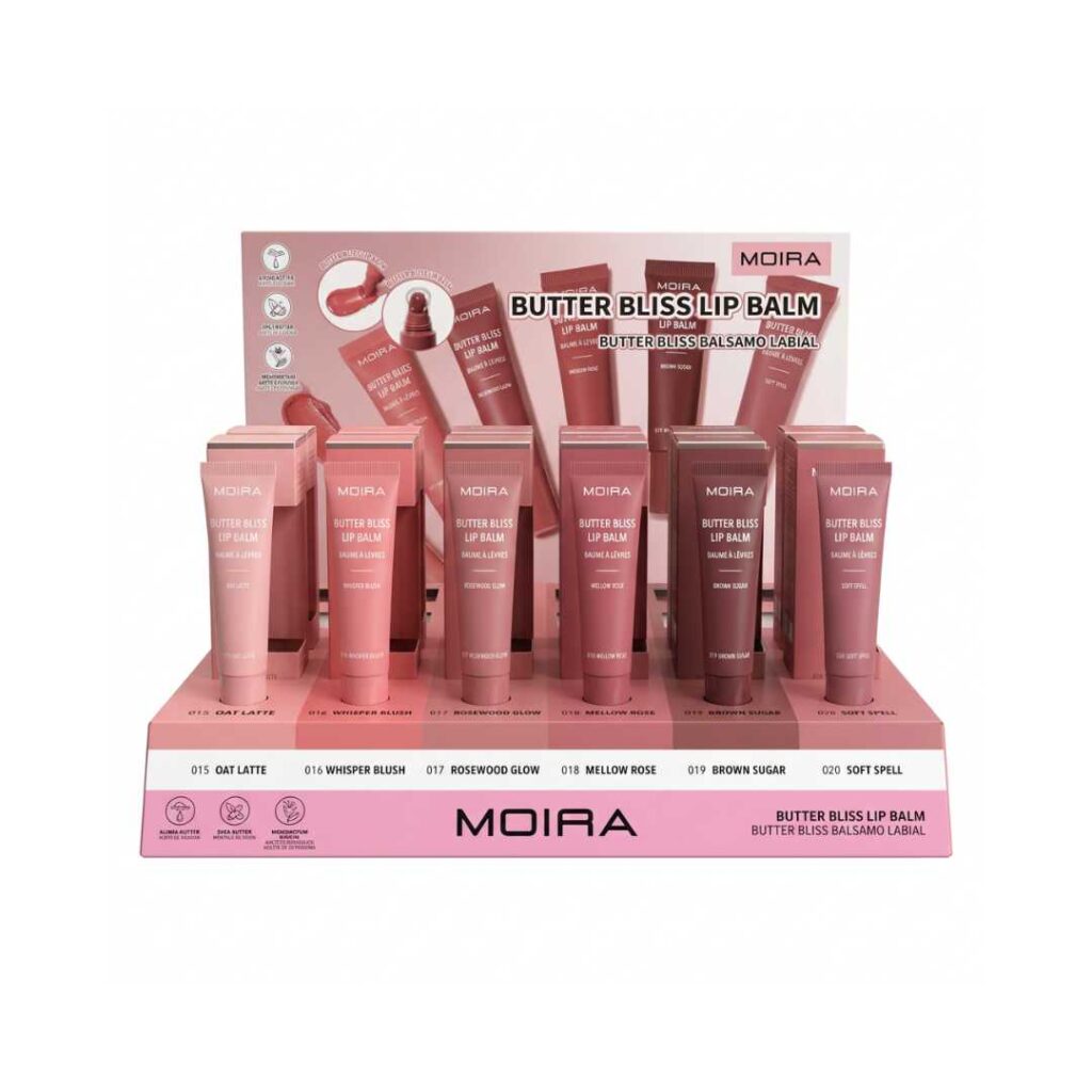 Display / Exhibidor Con 24 pzs de Butter Bliss Lip Balm Veganos Tonos Nude Con Probadores - Moira