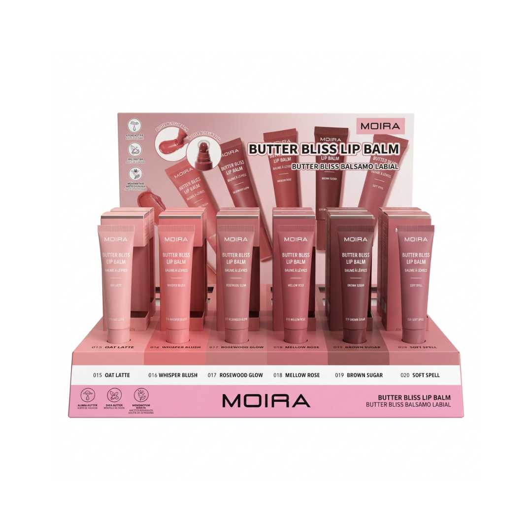 Display / Exhibidor Con 24 pzs de Butter Bliss Lip Balm Veganos Tonos Nude Con Probadores – Moira