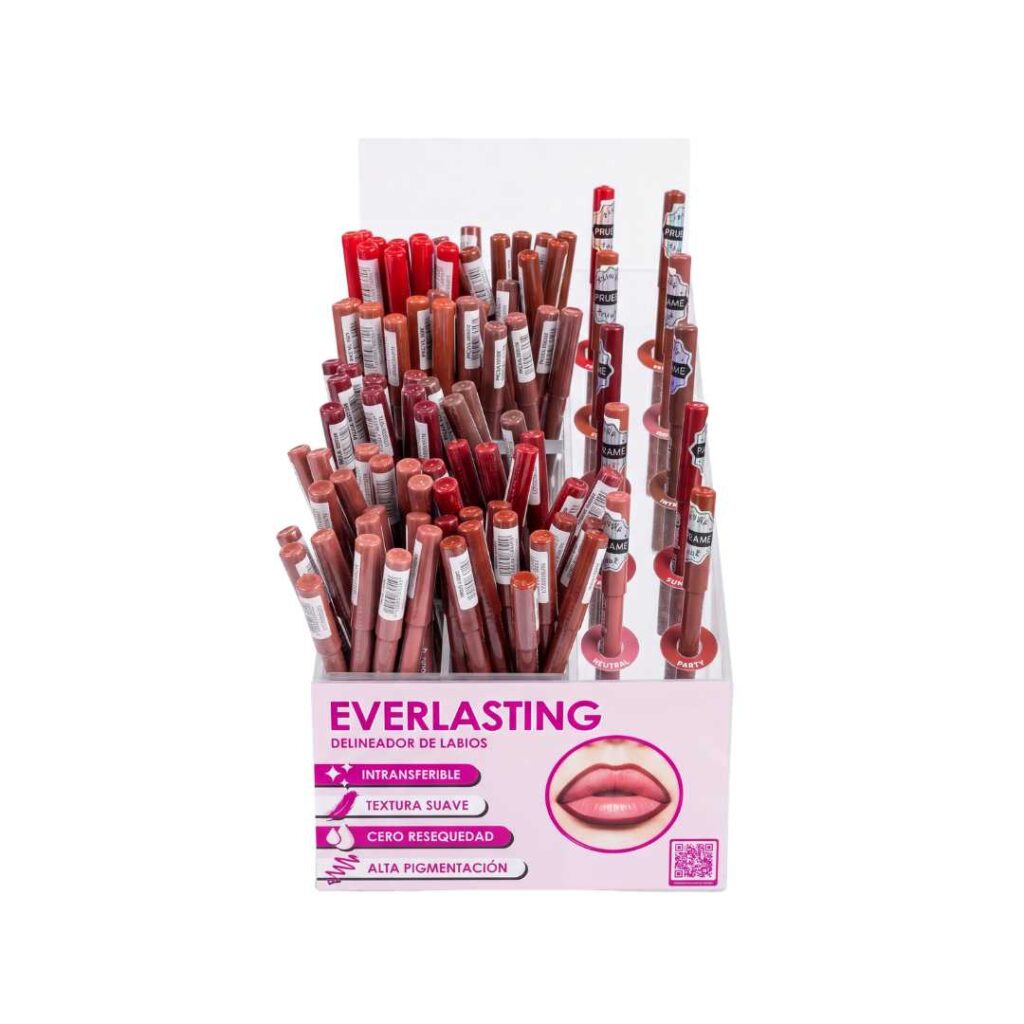 Display / Exhibidor Con 100 pzs de Delineador de Labios En Gel De Larga Duración Everlasting Lip Liner + 10 Probadores + Display Acrilico - Pink Up