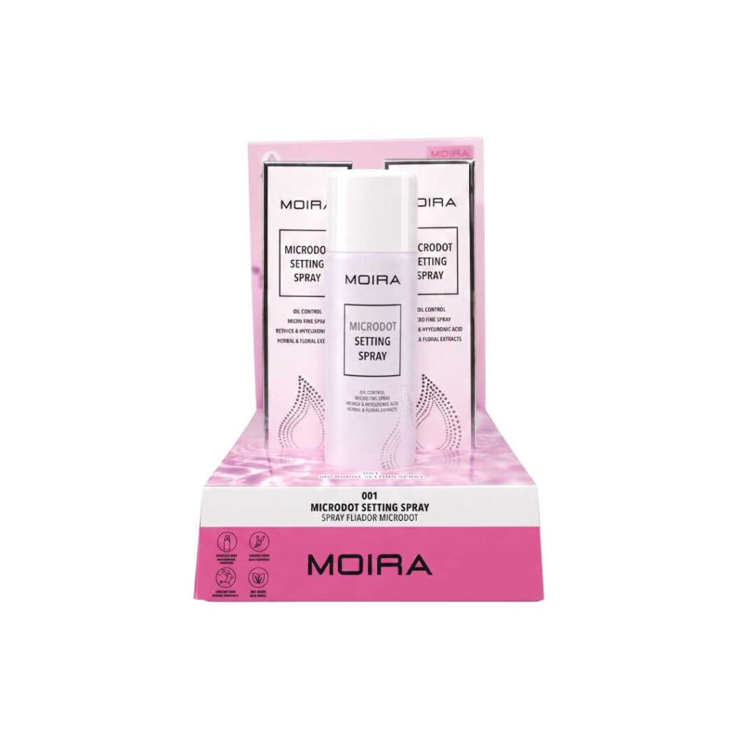 Display / Exhibidor con 7 PZS = 6 Fijadores de Maquillaje Microdot + 1 Probador – Moira