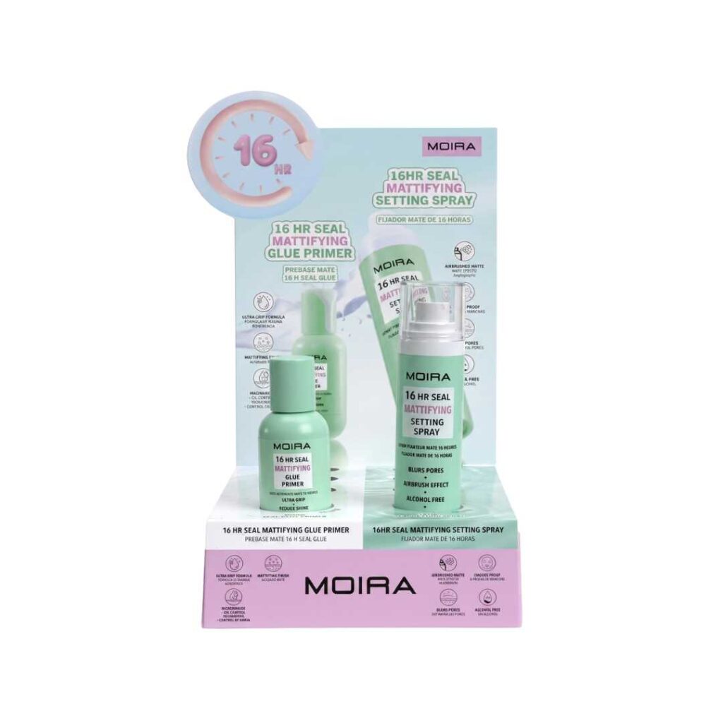 Display / Exhibidor con 8 PZS = 3 Primer + 3 Fijadores 16H + 2 Probadores – Moira