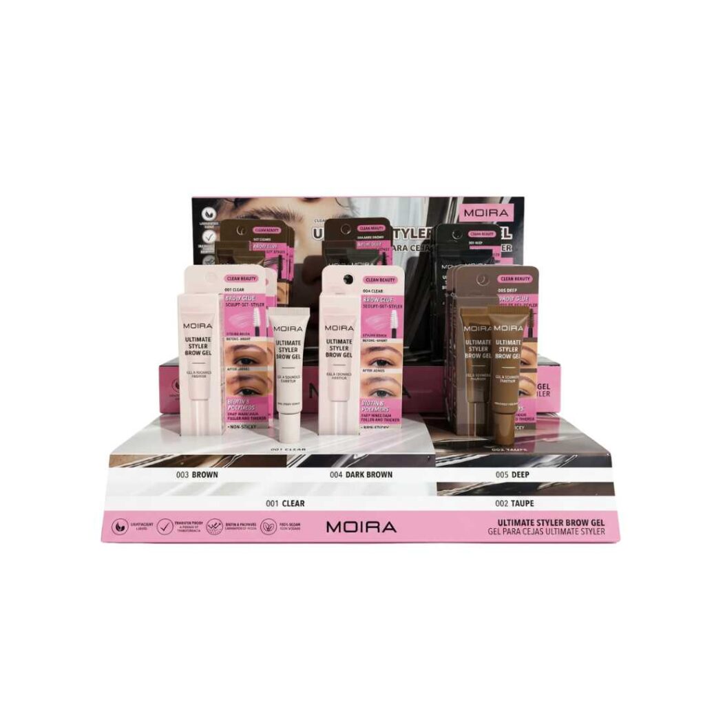 Display / Exhibidor con 23 Pzs = 6 Gel Transparente + 12 De color ( 3 x tono) + 5 Probadores (1 x tono) Gel Para Cejas Ultimate Styler Brow Gel  – Moira