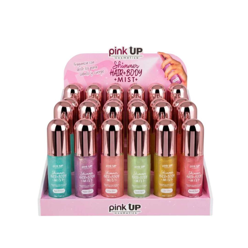 Display / Exhibidor 72 pzs de Perfume Para Cabello y Cuerpo Con Glitter Shimmer Hair + Body - Pink Up