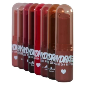 Italia Deluxe HydraHit Peptide Gloss Balm gama de 8 tonos en fila